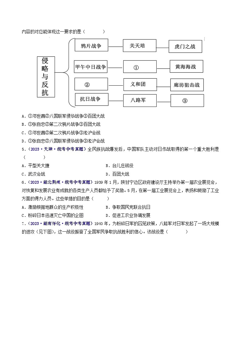 三年(2021-2023)中考历史真题分项汇编(全国通用)第21课敌后战场的抗战(原卷版+解析)第2页