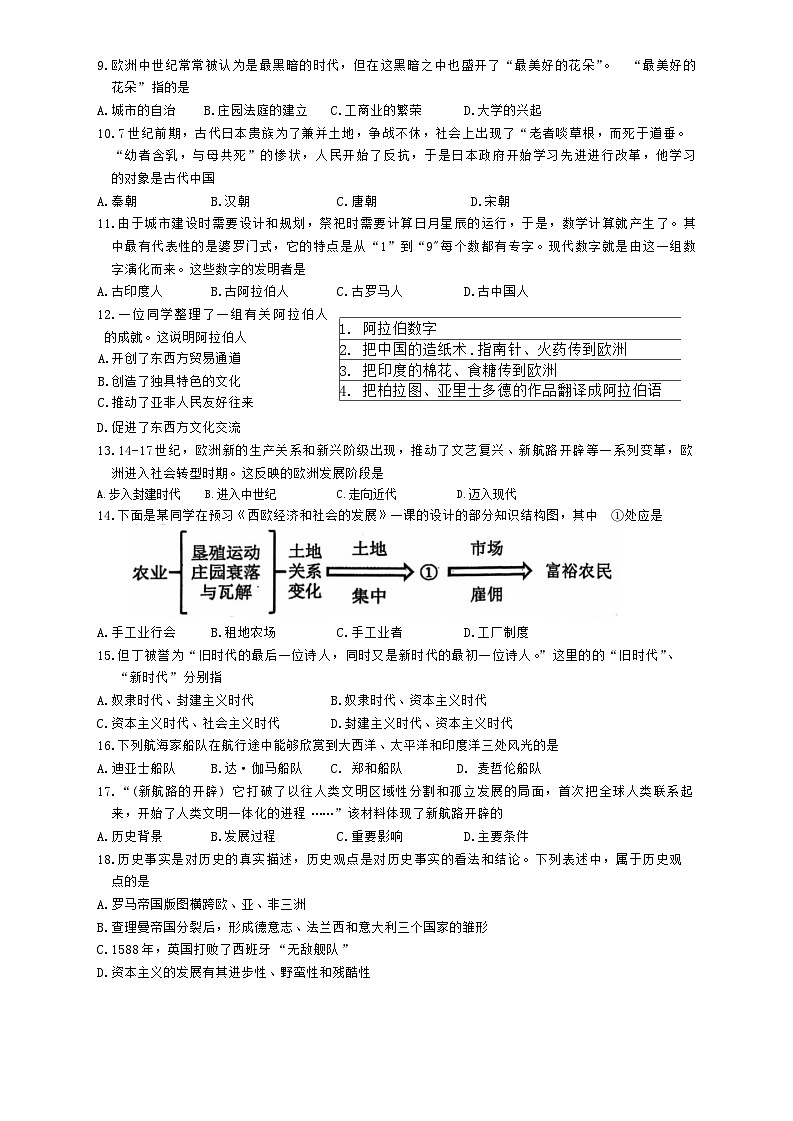 江苏省沭阳县怀文中学2024--2025学年部编版九年级历史上学期9月月考试卷第2页