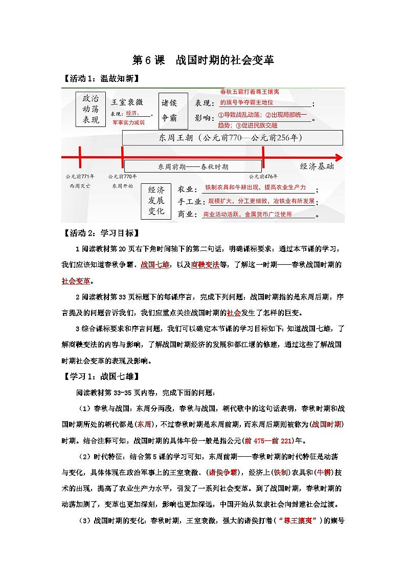 2024部编版七上历史第6课战国时期的社会变革(课件+导学案+教学设计）01