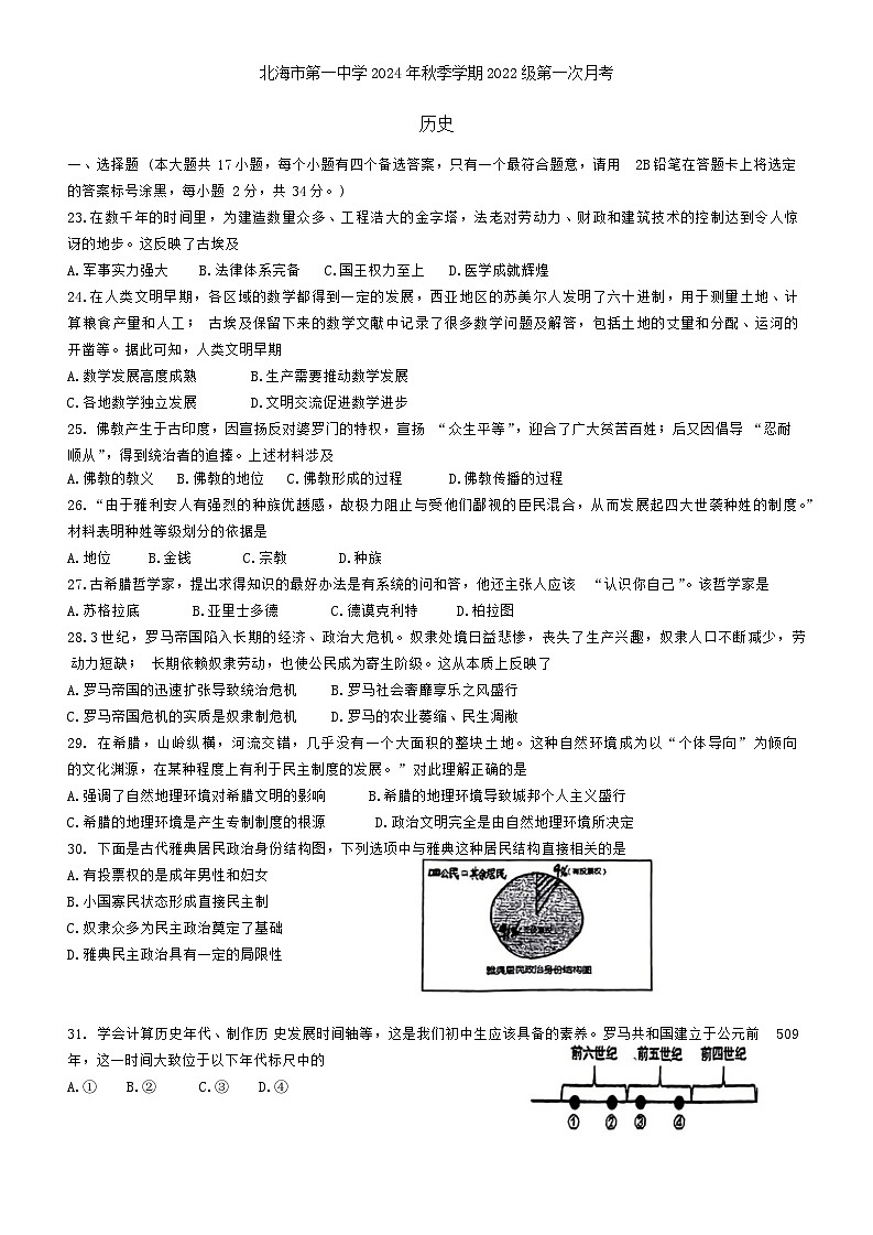 广西壮族自治区北海市第一中学2024-2025学年部编版九年级上学期第一次月考历史试题01