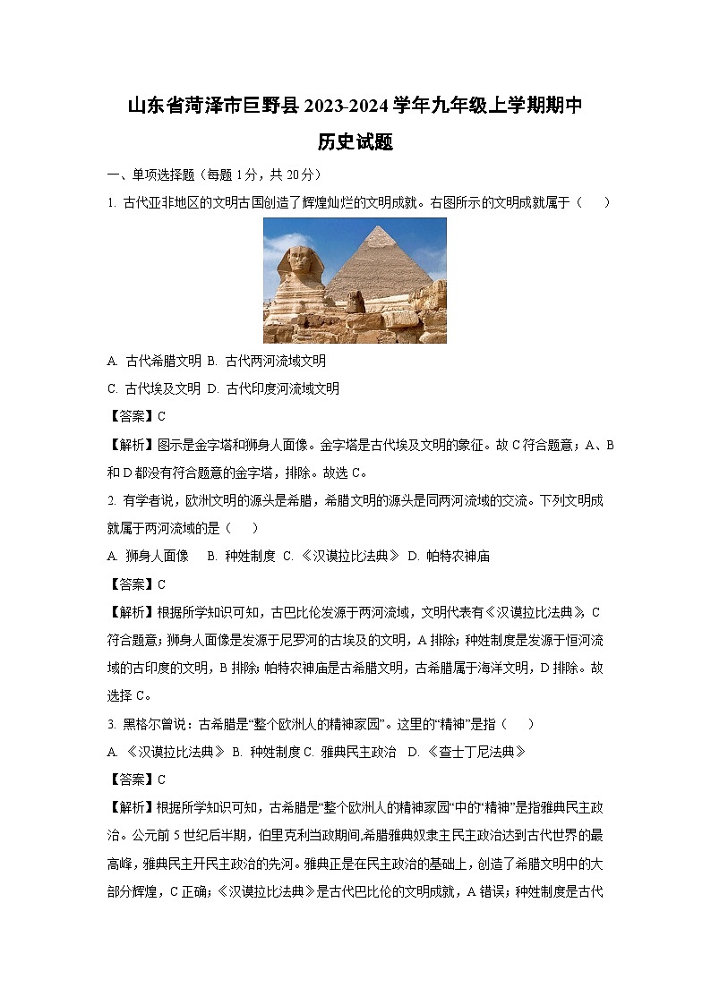 【历史】山东省菏泽市巨野县2023-2024学年九年级上学期期中试题（解析版）第1页