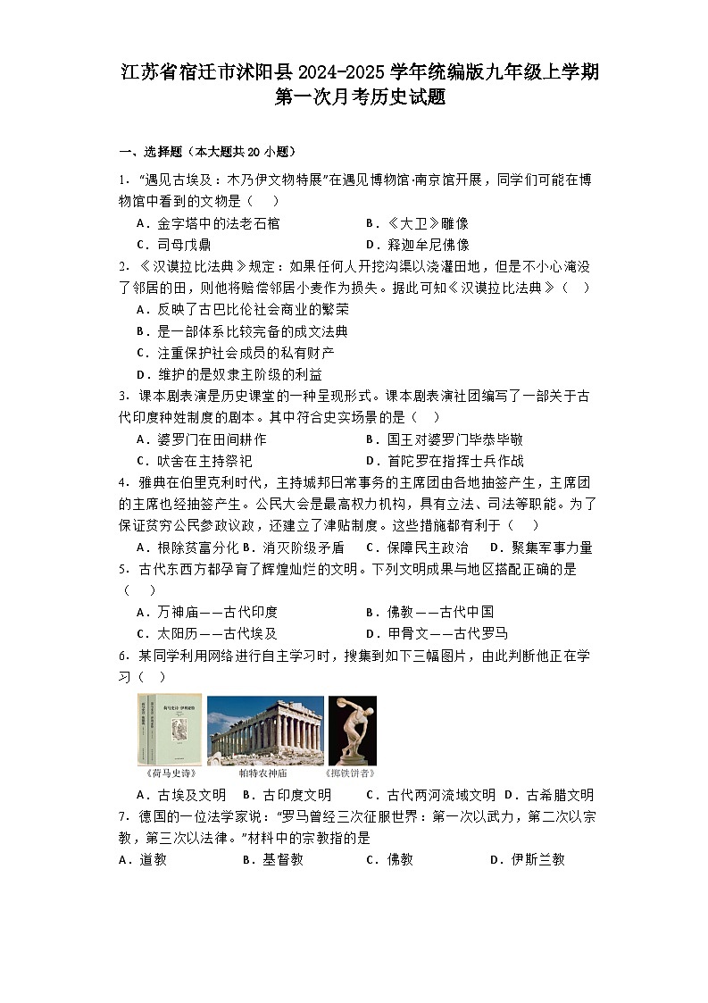 江苏省宿迁市沭阳县2024-2025学年统编版九年级上学期第一次月考历史试题第1页