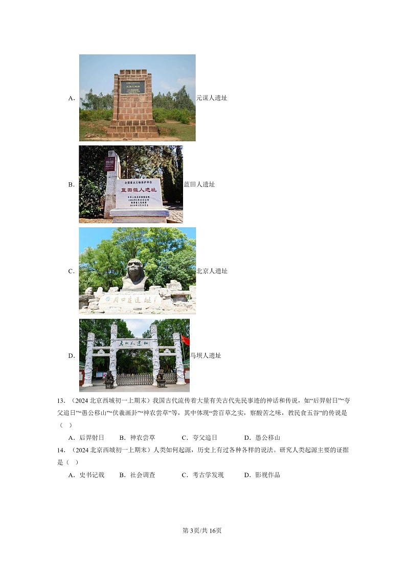 [历史]2024北京初一上学期期末真题分类汇编：史前时期：中国境内早期人类与文明的起源章节综合03