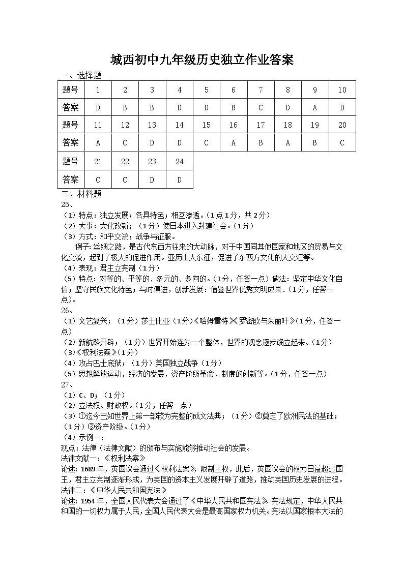 江苏省泰州市姜堰区城西实验学校2024-2025学年部编版九年级上学期月考历史试卷01