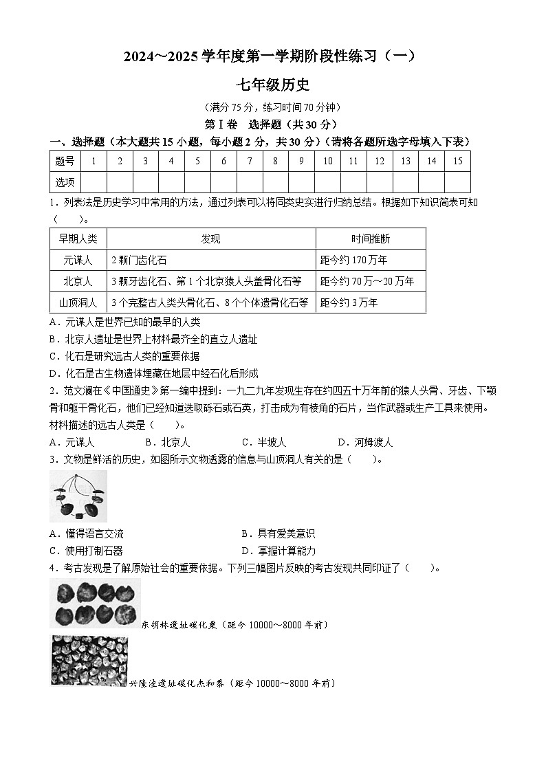 山西省忻州市宁武县泰华初级中学2024-2025学年七年级上学期9月月考历史试题(无答案)第1页