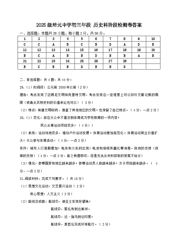 福建省泉州市培元中学2024-2025学年九年级上学期9月月考历史试题01