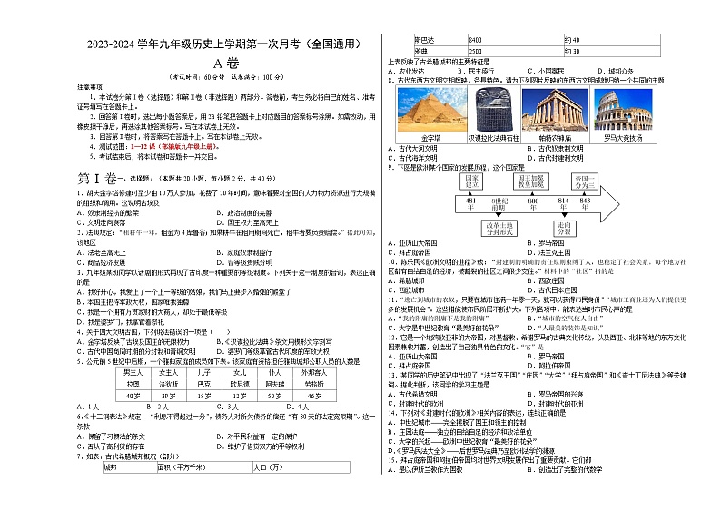 九年级第一次月考A卷（全国通用）（考试版）【测试范围：九上第1-12课】A3版第1页