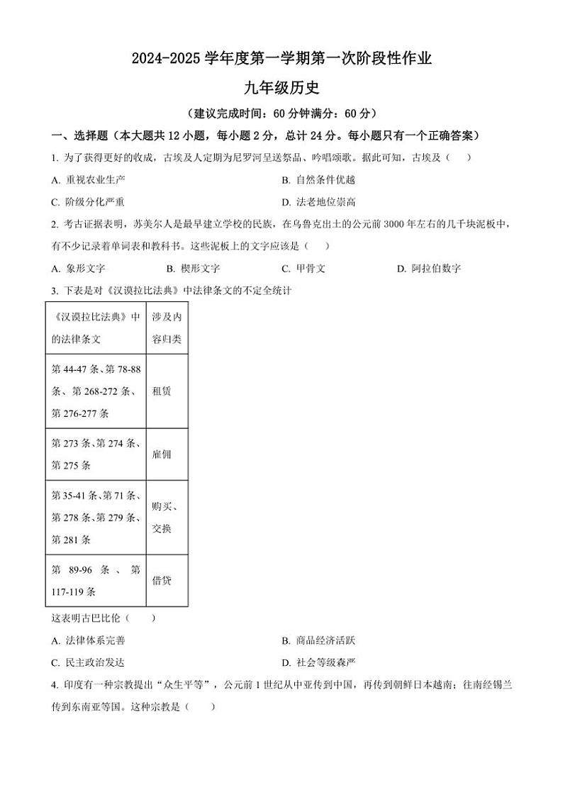 [历史]陕西省咸阳市秦都中学2024～2025学年九年级上学期9月月考试题原题版第1页