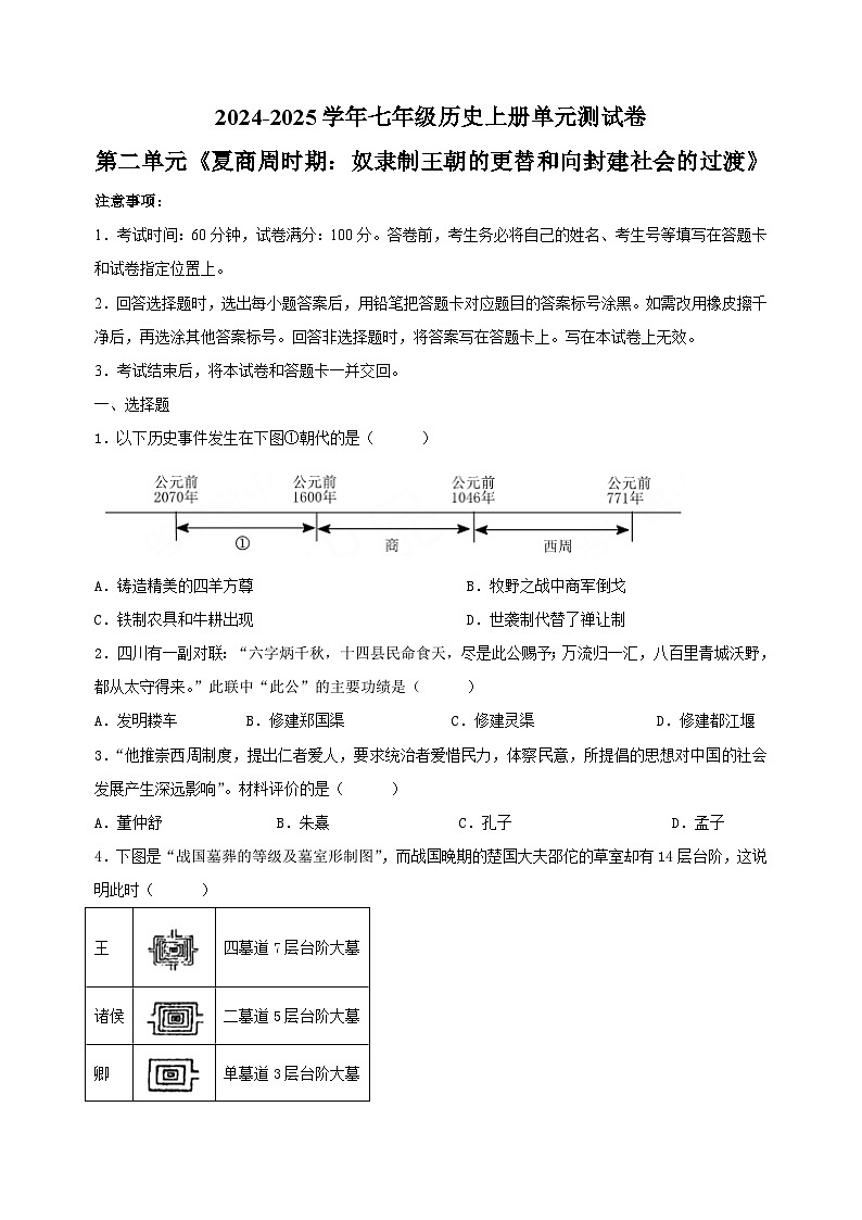 第二单元《夏商周时期：奴隶制王朝的更替和向封建社会的过渡》-2024-2025学年七年级历史上册单元测试卷（统编版2024新教材）第1页