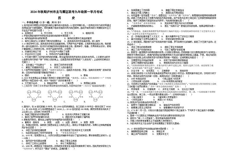 四川省泸州市龙马潭区2024-2025学年部编版九年级上学期10月月考历史试题01