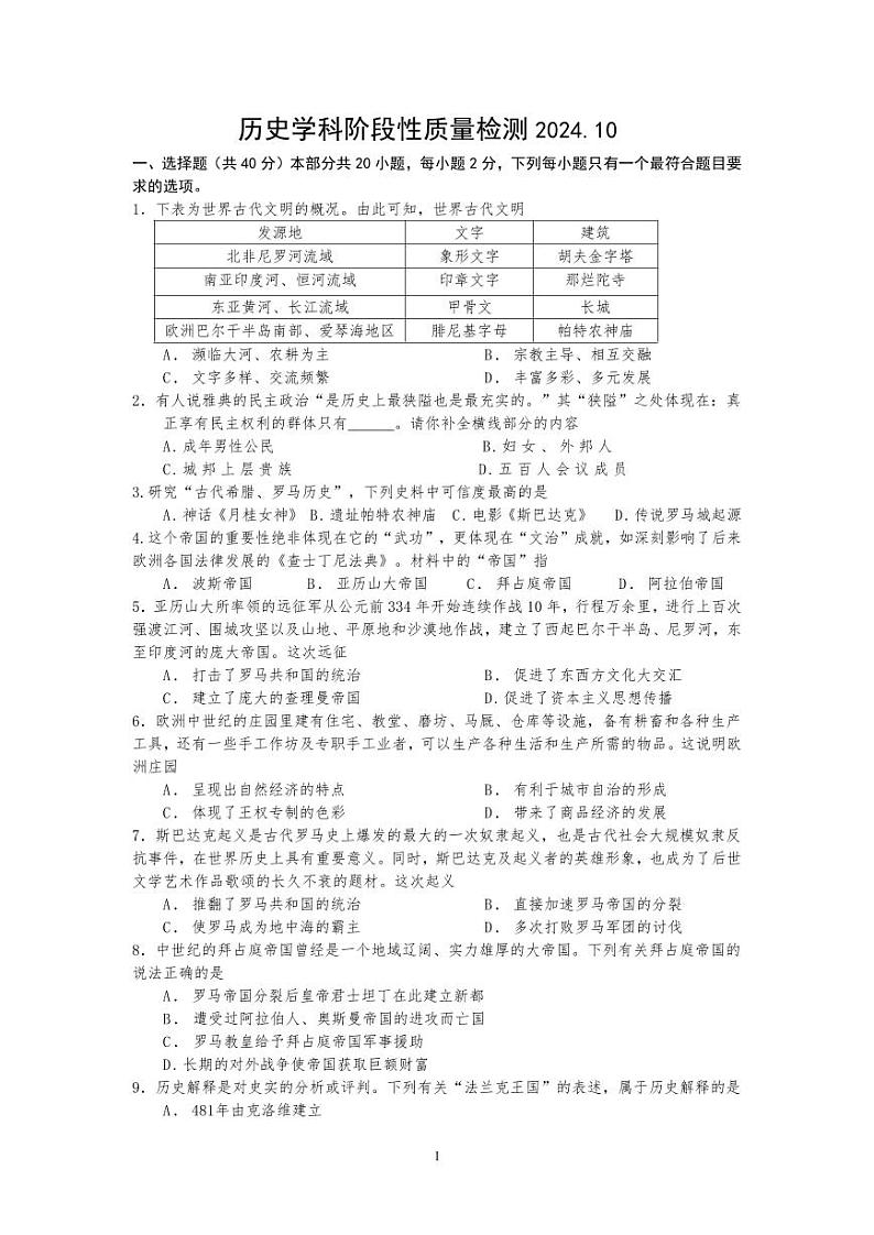 辽宁省鞍山市第五十一中学2024-2025学年九年级上学期10月月考历史试题第1页