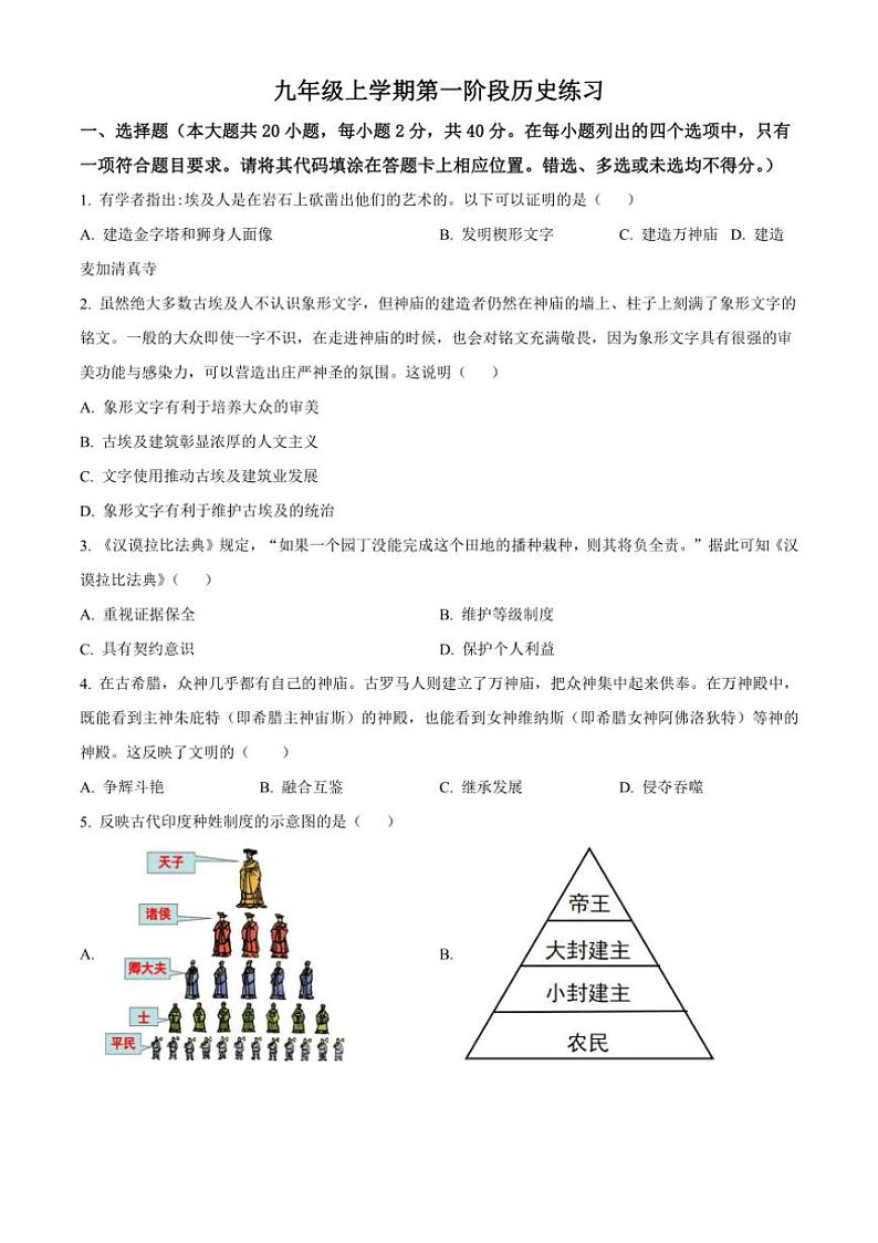 [历史]江西省宜春市第五中学2024～2025学年九年级上学期月考试题(有解析)第1页
