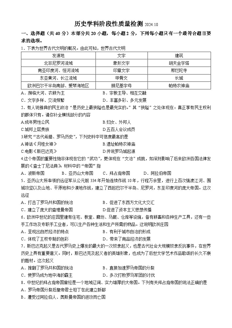 辽宁省鞍山市第五十一中学2024-2025学年九年级上学期10月月考历史试题(无答案)第1页