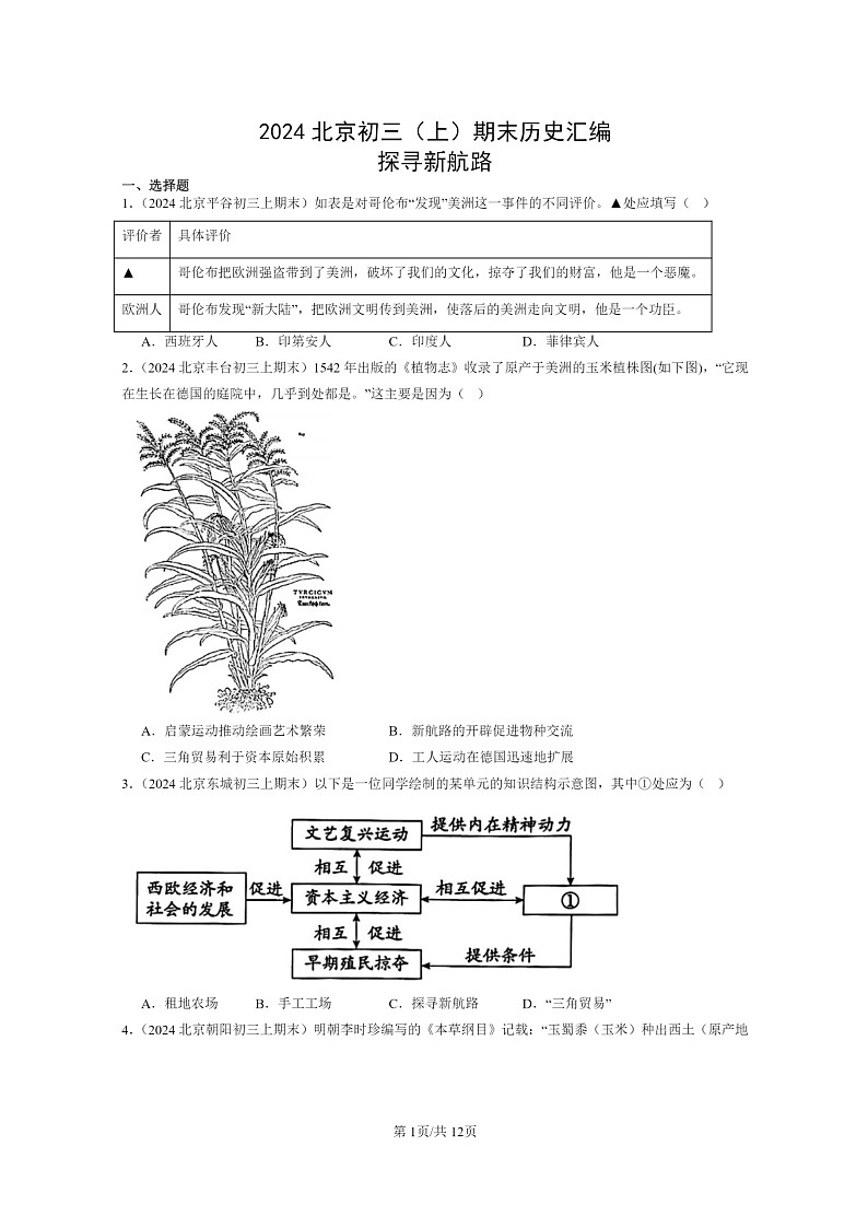 [历史]2024北京初三上学期期末真题分类汇编：探寻新航路第1页