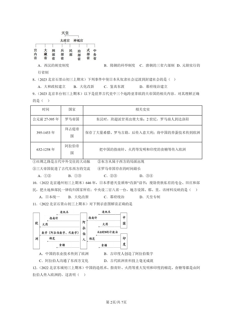 [历史]2022～2024北京初三上学期期末真题分类汇编：封建时代的亚洲国家章节综合02