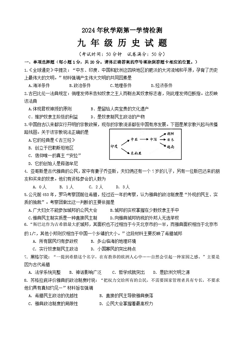 2024年秋学期九年级历史第一次月考试题第1页