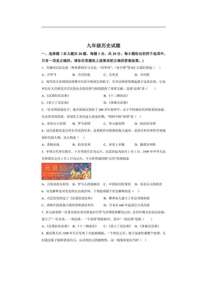 [历史]山东省菏泽市经济技术开发区名校联考2024～2025学年部编版九年级上学期10月月考试题(有解析)01