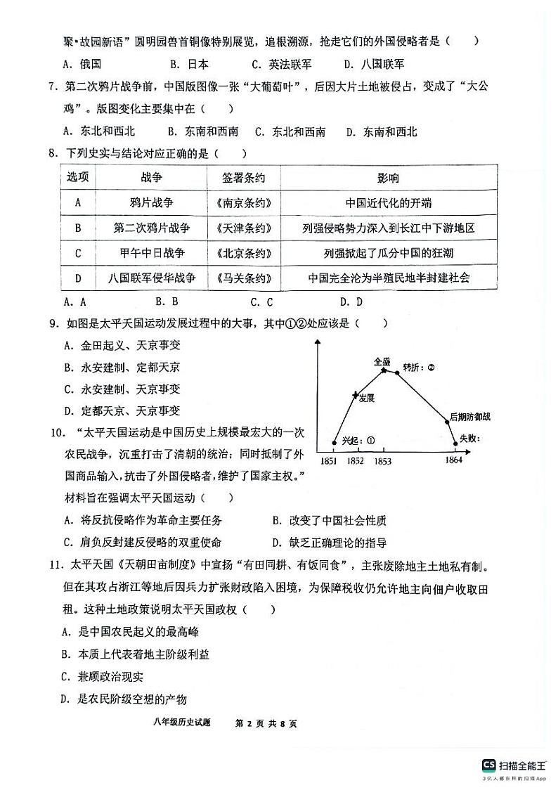 山东省临沂市临沭县第二初级中学2024-2025学年八年级上学期10月月考历史试题02