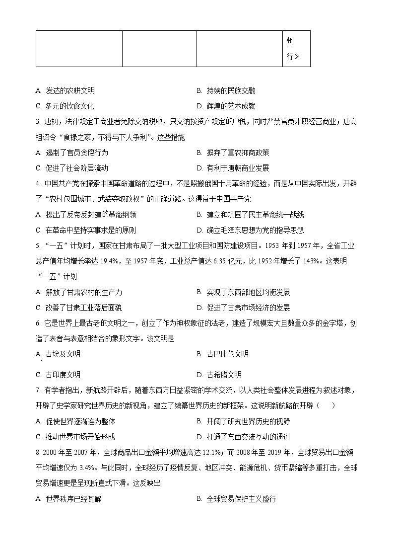 2024年甘肃省白银市中考历史真题（原卷版）第2页