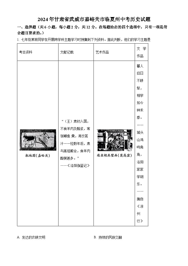 2024年甘肃省武威市嘉峪关市临夏州中考历史真题（解析版）第1页