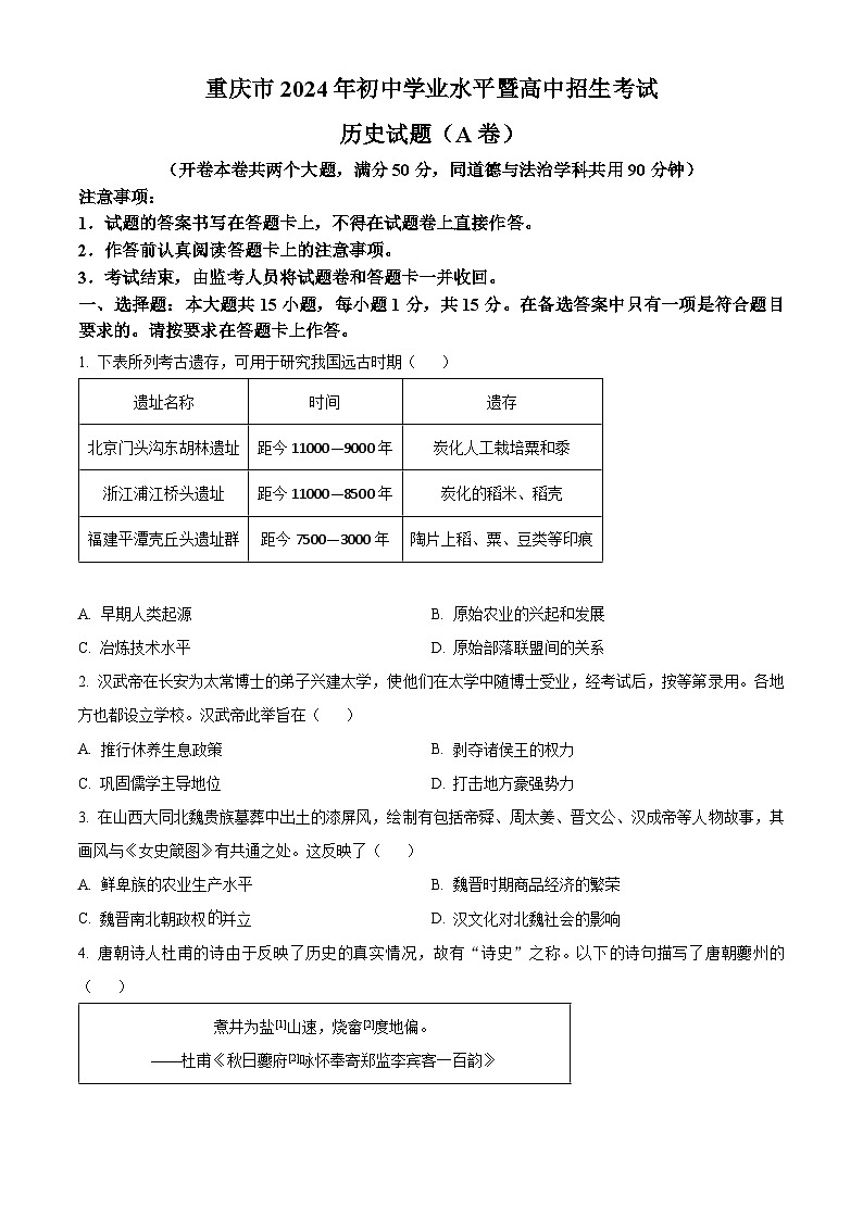 2024年重庆市中考历史真题（A卷）（原卷版）01