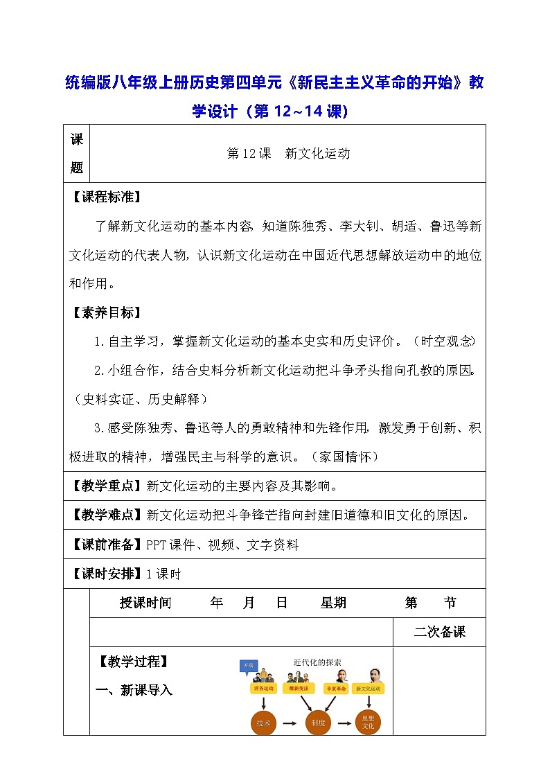 统编版八年级上册历史第四单元《新民主主义革命的开始》教学设计（第12~14课）01