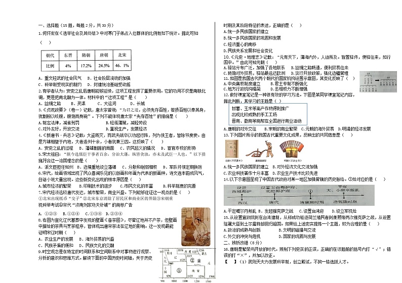 安徽省合肥市四十二中湖畔校区2023-2024学年部编版七年级下学期历史期末试卷01