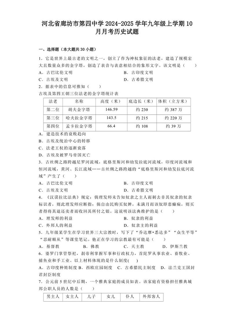 [历史]河北省廊坊市第四中学2024～2025学年九年级上学期10月月考试题(有解析)第1页