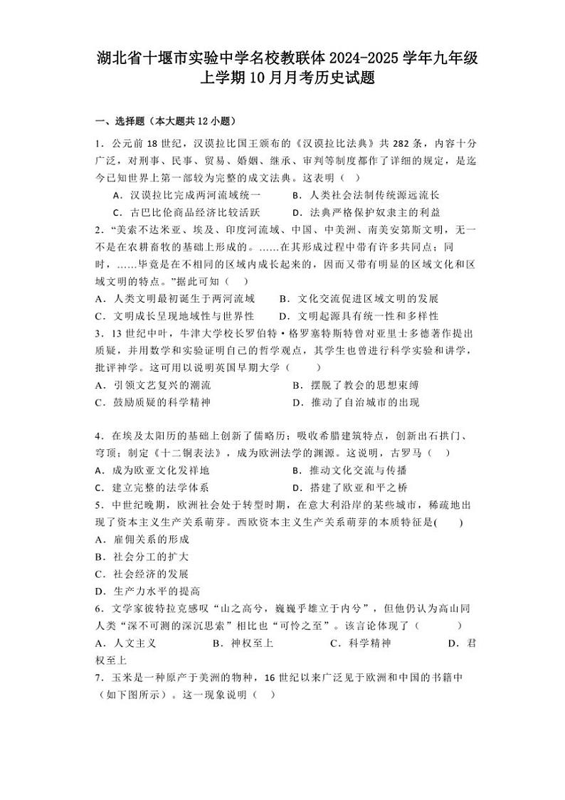 [历史]湖北省十堰市实验中学名校教联体2024～2025学年九年级上学期10月月考试题(有解析)01
