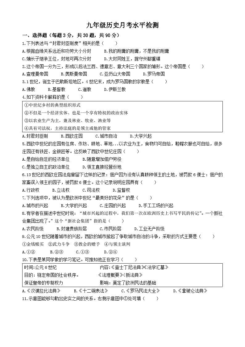 山东省齐河县马集乡中学2024-2025学年九年级上学期第一次月考历史试题(无答案)第1页