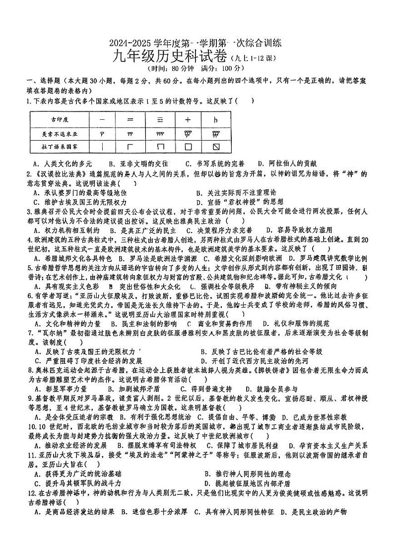 广东省揭阳市榕城区2024-2025学年部编版九年级上学期第一次月考历史试题第1页