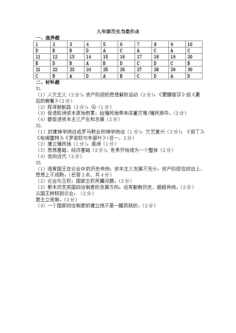 九年级历史参考答案第1页