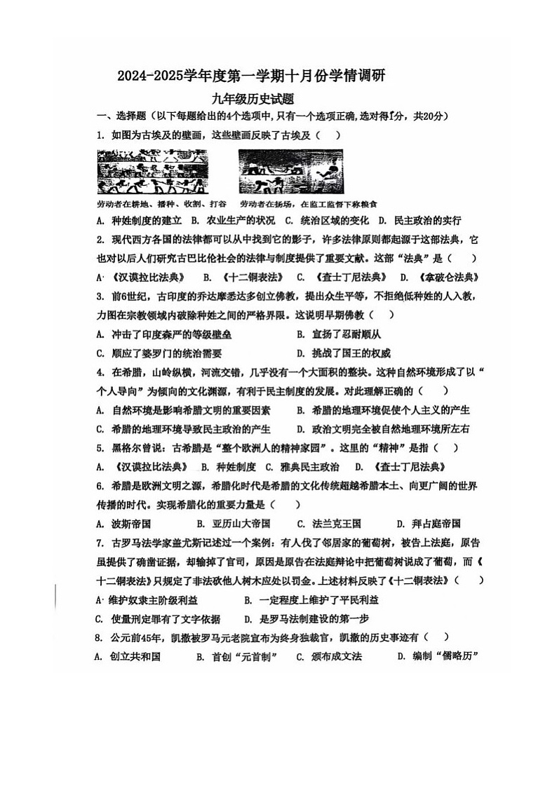山东省济宁市鱼台县2024-2025学年部编版九年级历史上学期10月月考第1页