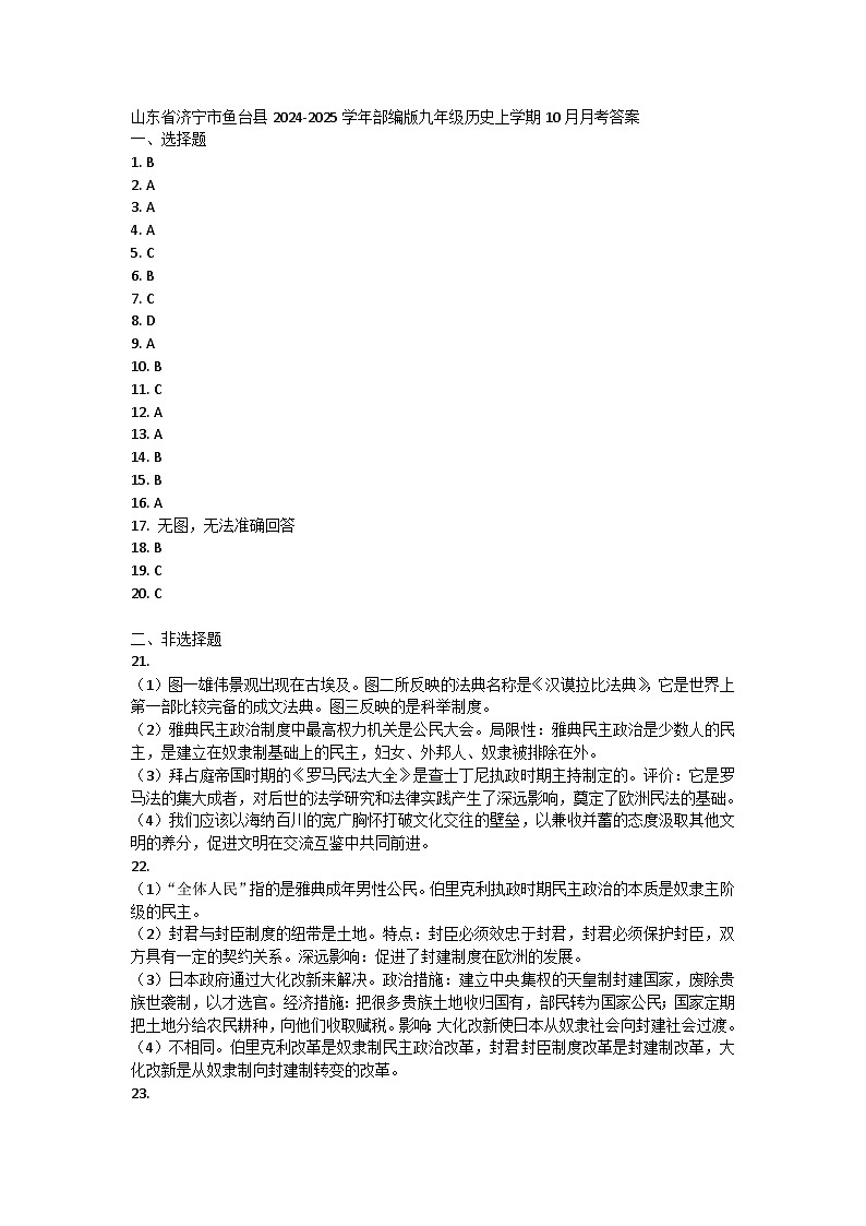 山东省济宁市鱼台县2024-2025学年部编版九年级历史上学期10月月考答案第1页