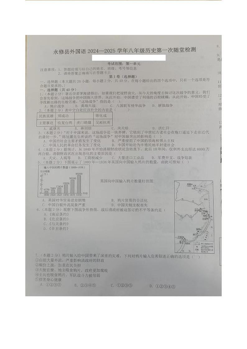 江西省九江市永修县外国语学校2024-2025学年部编版八年级上学期10月月考历史试题第1页