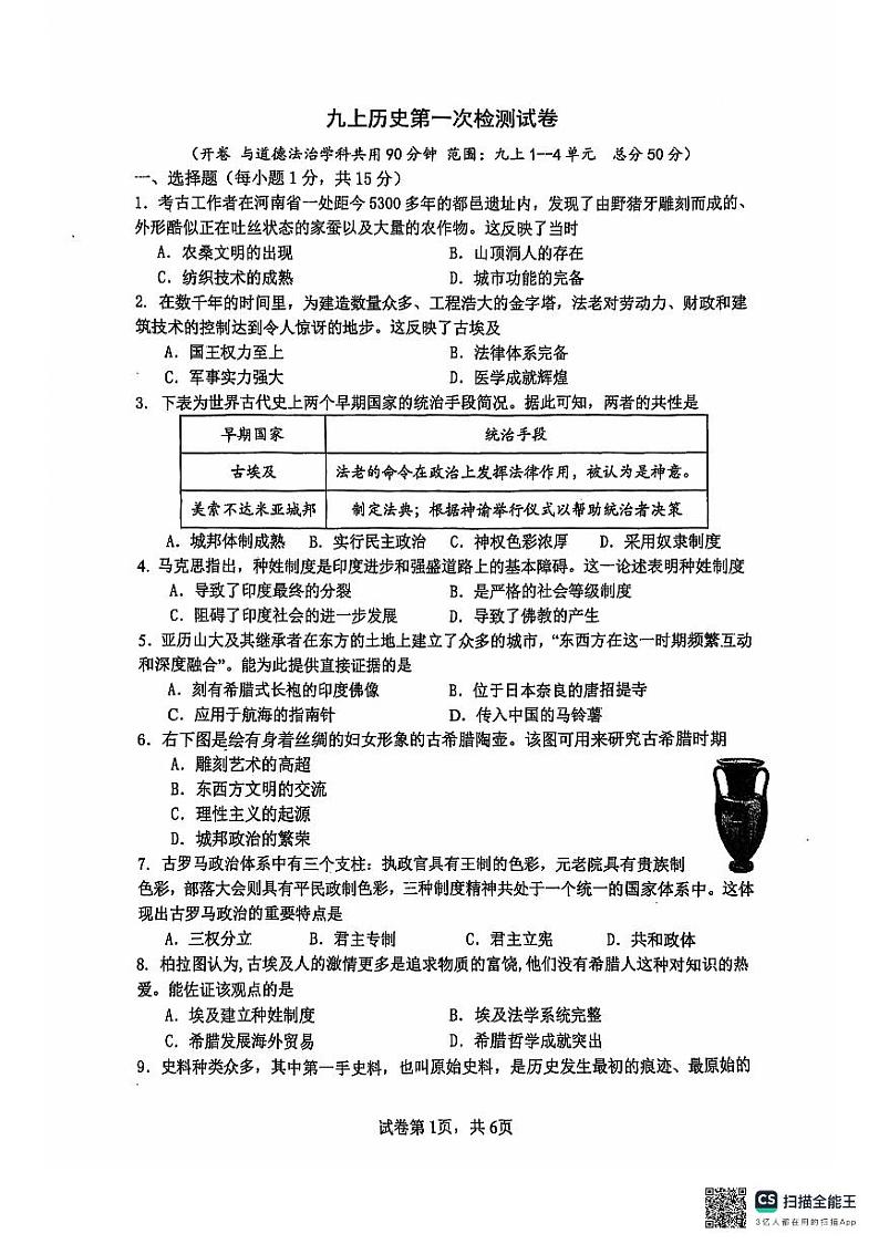 重庆市第十一中学校2024-2025学年部编版九年级上学期10月月考历史试题01