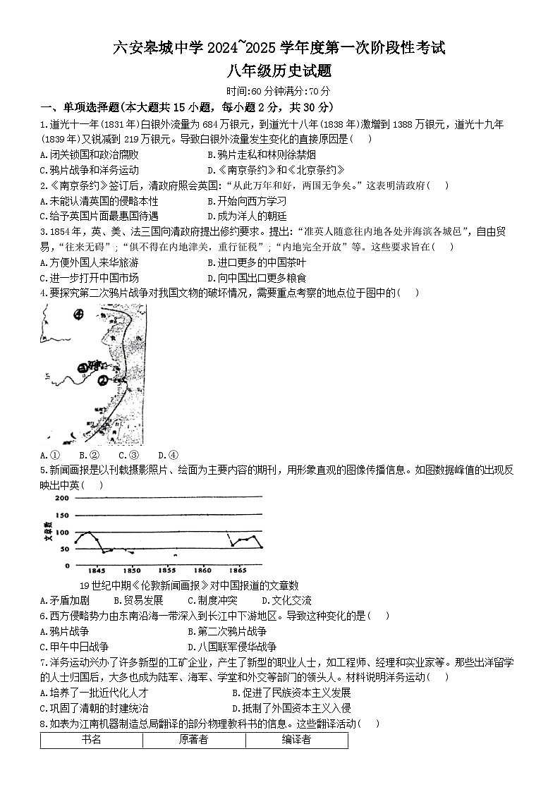 安徽省六安皋城中学2024-2025学年八年级上学期10月月考历史试题第1页
