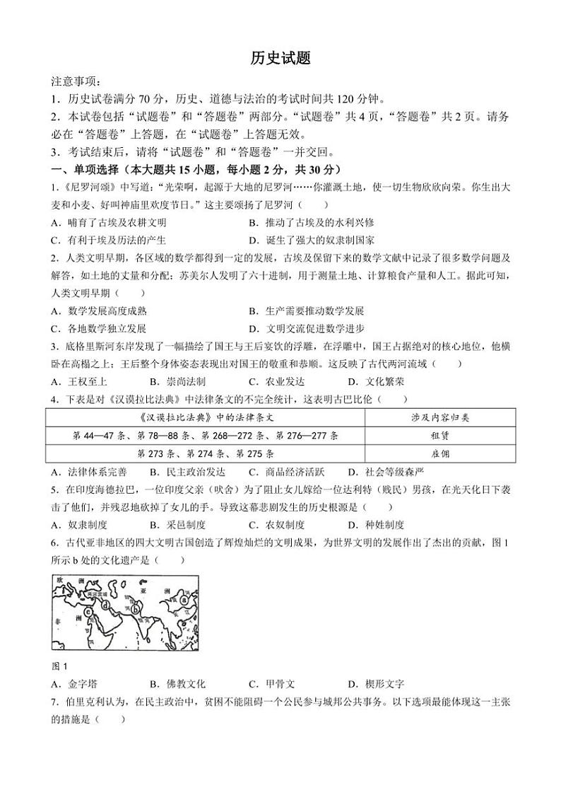 [历史]安徽省滁州市定远县2024～2025学年部编版九年级上学期10月月考试题(有答案)第1页
