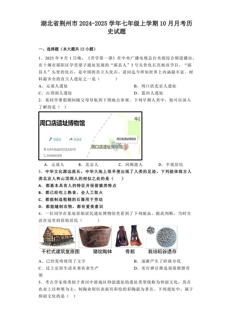 [历史]湖北省荆州市2024～2025学年七年级上学期10月月考试题(有解析)第1页