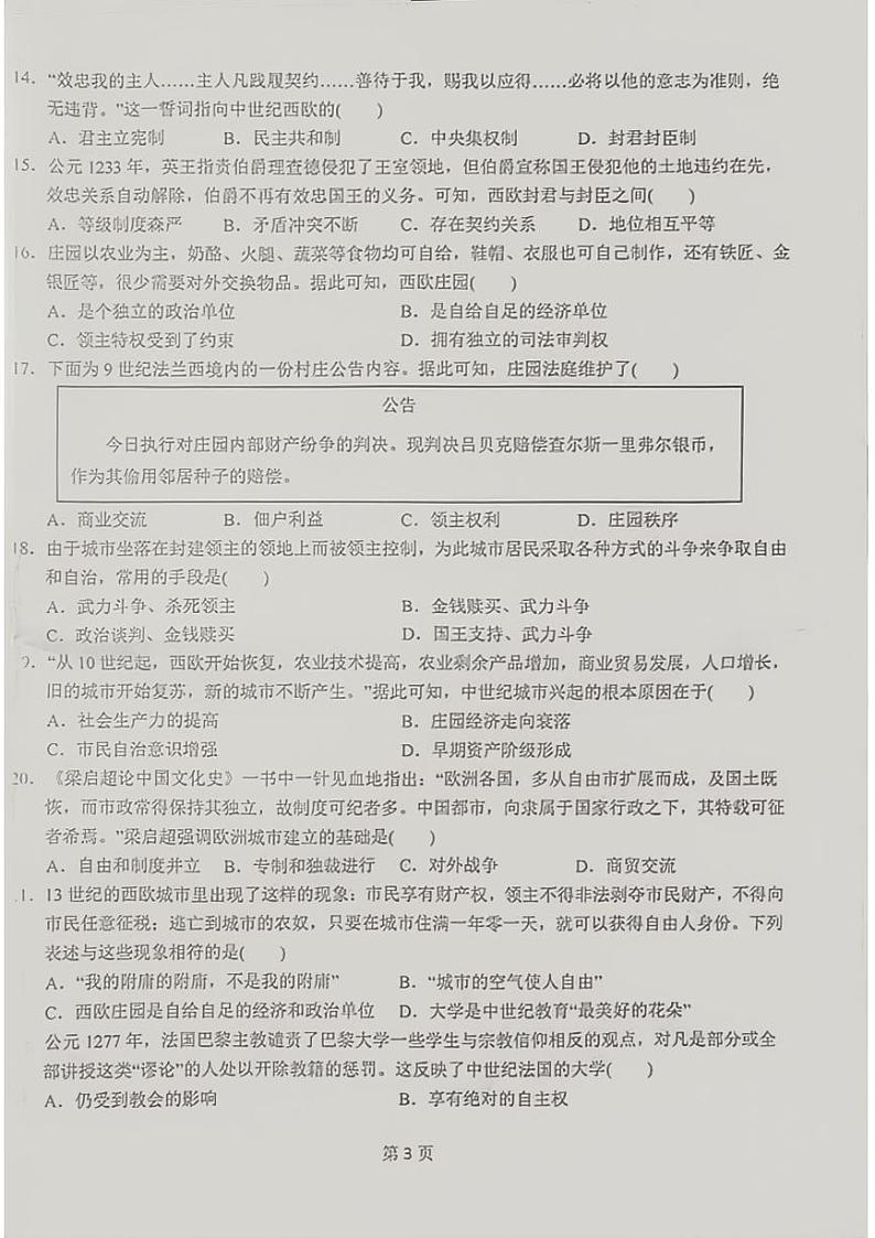 广东省汕尾市河城中学2024--2025学年部编版九年级上学期10月月考历史试题03