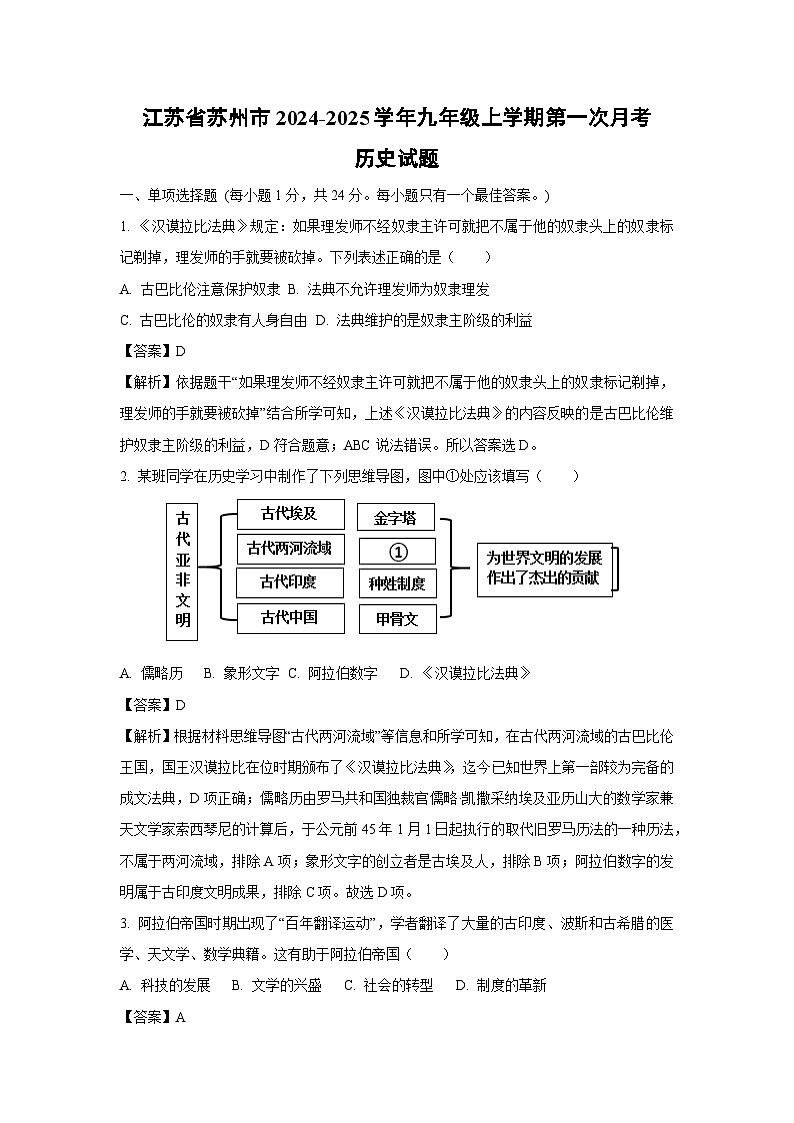 [历史]江苏省苏州市2024-2025学年九年级上学期第一次月考试题(解析版)第1页
