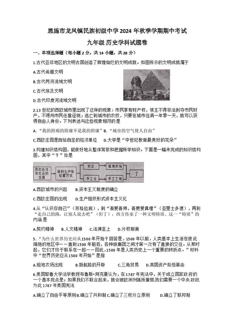 湖北省恩施市龙凤镇民族初级中学2024-2025学年部编版九年级历史上学期期中试题01