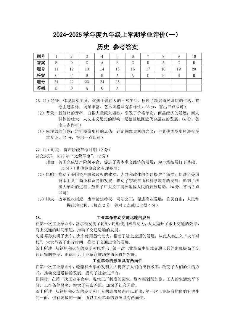 广东省广州市华南师范大学附属中学2024-2025学年九年级上学期第一次月考历史试题01