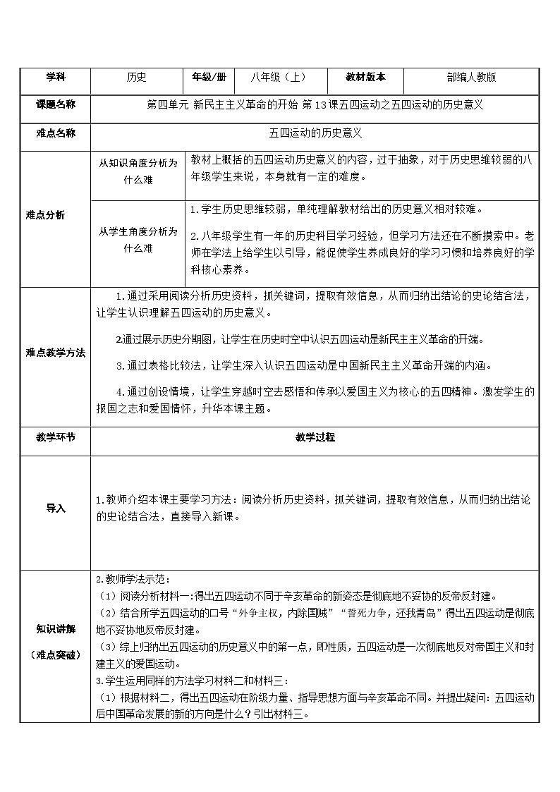 人教部编版历史八年级上册第13课 五四运动的历史意义(1)教案第1页