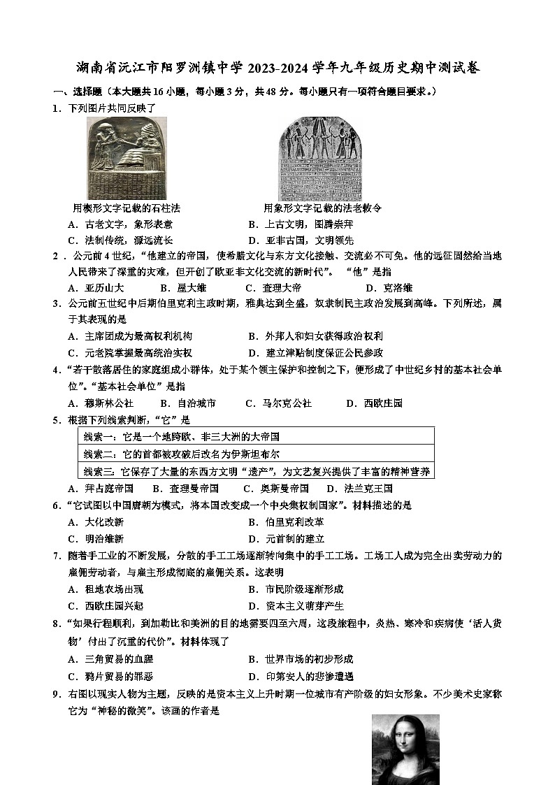 湖南省沅江市阳罗洲镇中学2023-2024学年九年级上学期期中历史试卷第1页