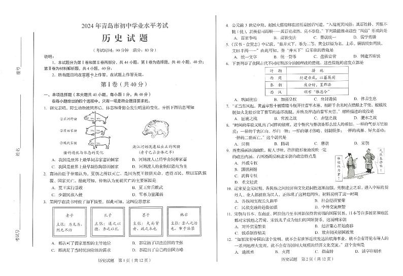 2024年山东省青岛市中考历史试题第1页