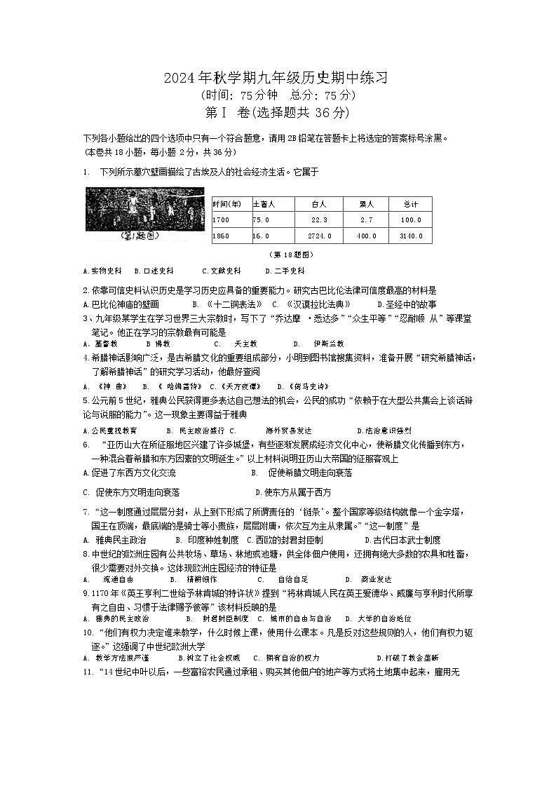 广西岑溪市糯垌中学2024~2025学年九年级上学期期中历史试题01