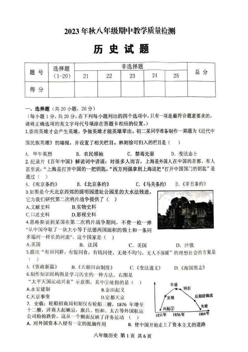 河南省驻马店市上蔡县2023-2024学年部编版八年级上学期11月期中历史试题01