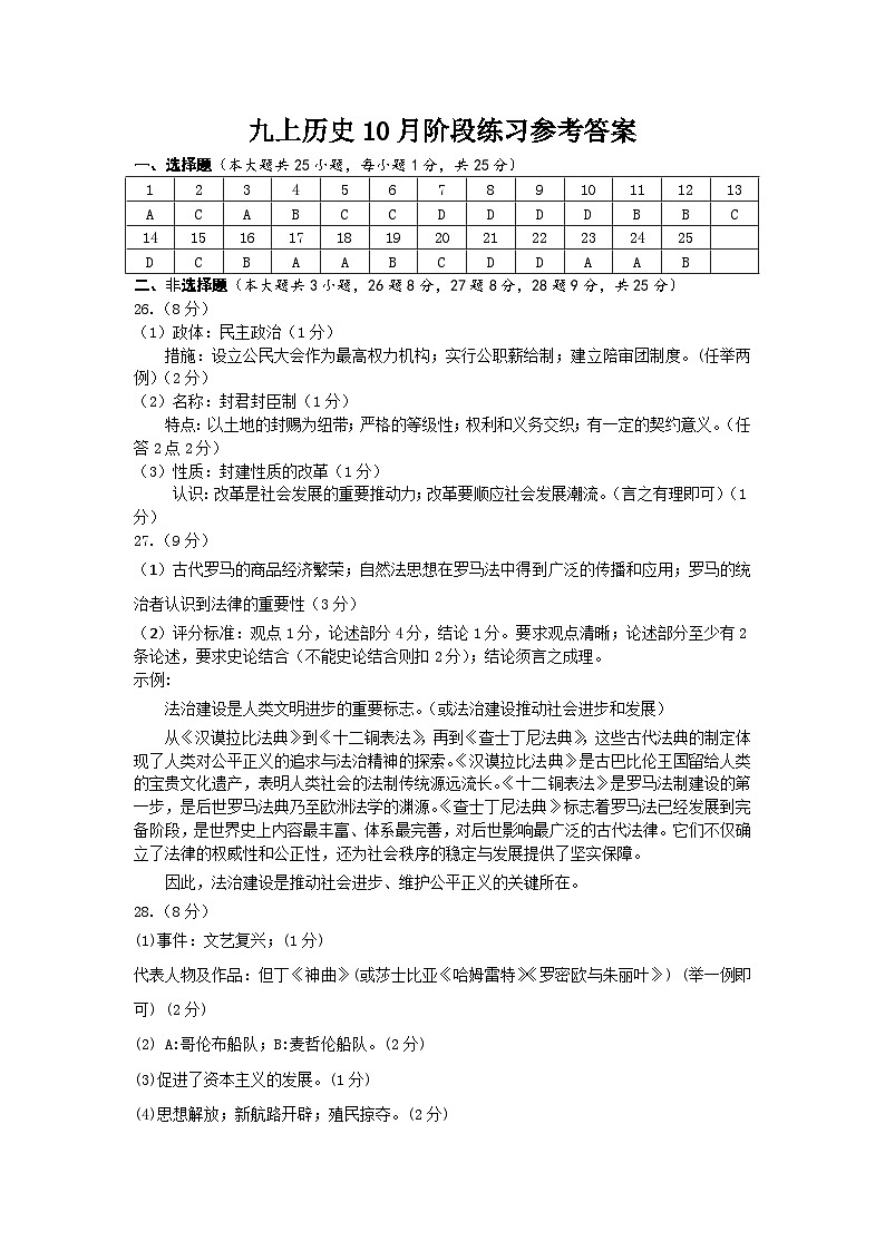 九上历史10月阶段练习参考答案第1页