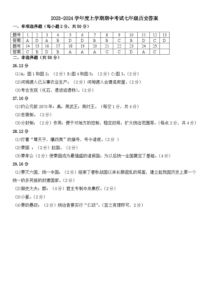 河北省唐山市遵化市2023-2024学年七年级上学期期中考试历史试卷答案第1页